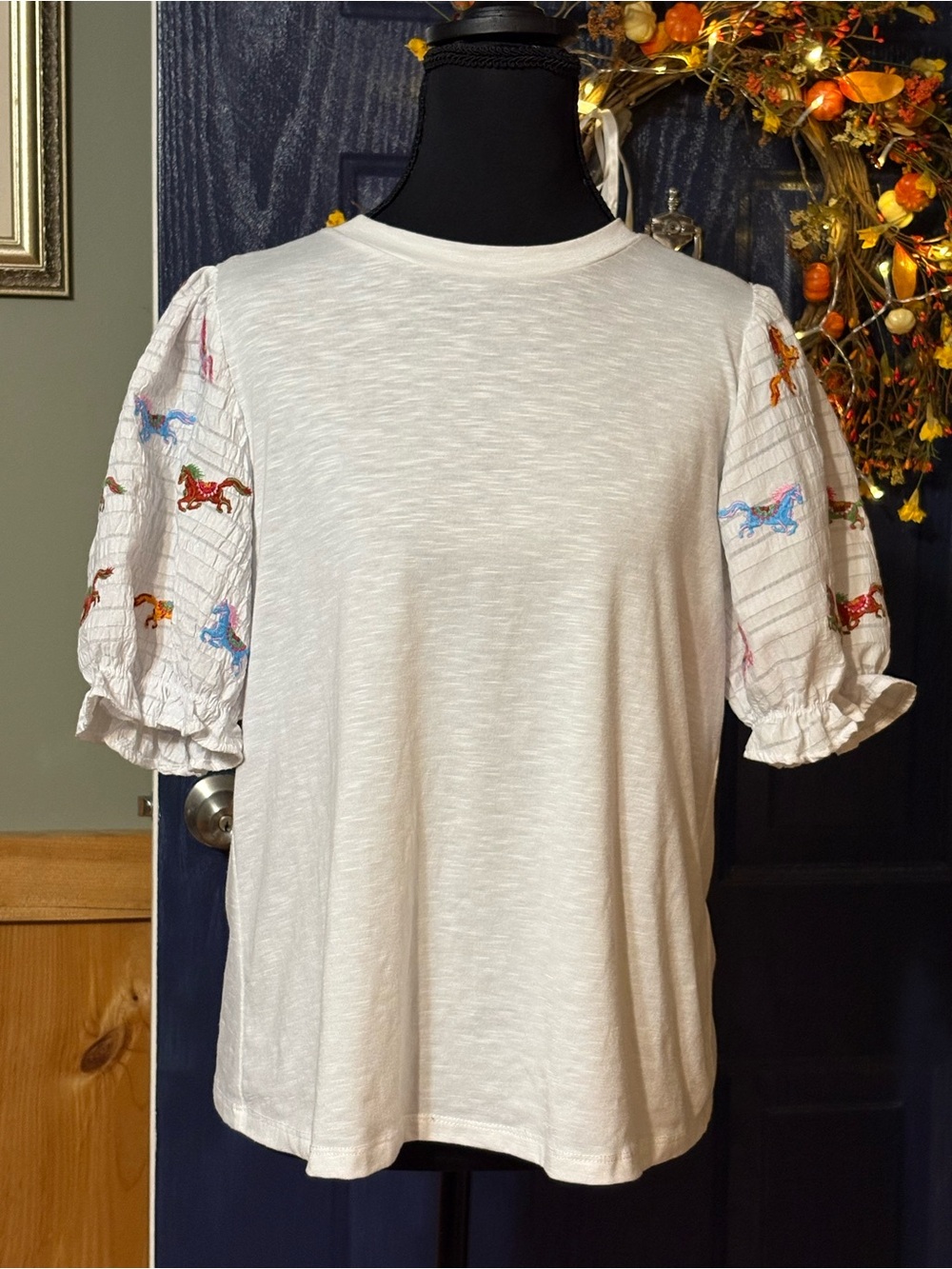 THML White Embroidered Horse Puff Sleeve Top Small Equestrian Western Cottage
